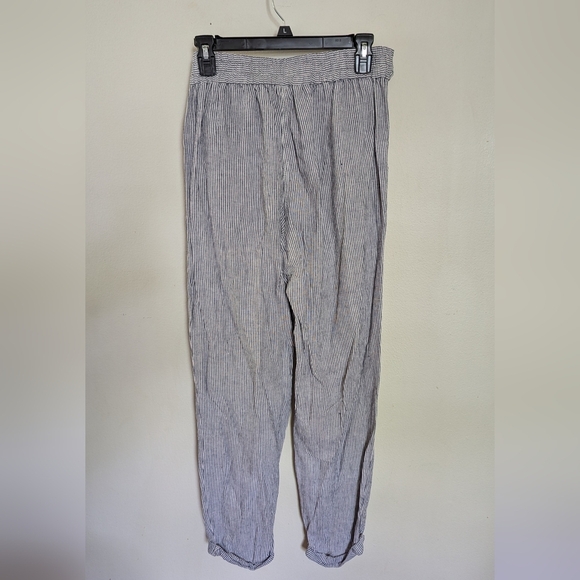 Max Studio Blue + White Striped Linen-Blend Pants Cuffed Belted Women's Size S - Picture 2 of 5